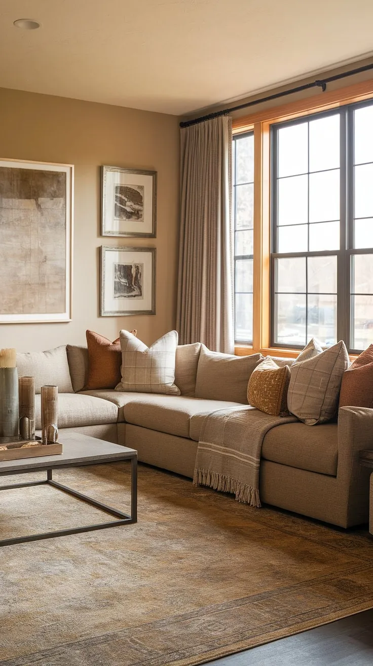 This transitional family room effortlessly blends comfort and style. The neutral color palette, featuring beige, brown, and gray, creates a serene atmosphere, while the sectional sofa provides ample seating for family and friends. The large patterned rug adds a touch of personality, making it the perfect space for unwinding after a long day.