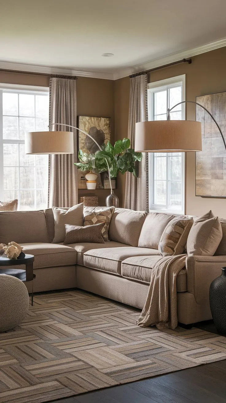 This transitional family room effortlessly blends style and functionality. The neutral palette, accented by warm lighting and carefully chosen décor, creates a serene and inviting atmosphere. The sectional sofa provides ample seating, making it ideal for both quiet evenings and lively gatherings. A space designed for connection and comfort.