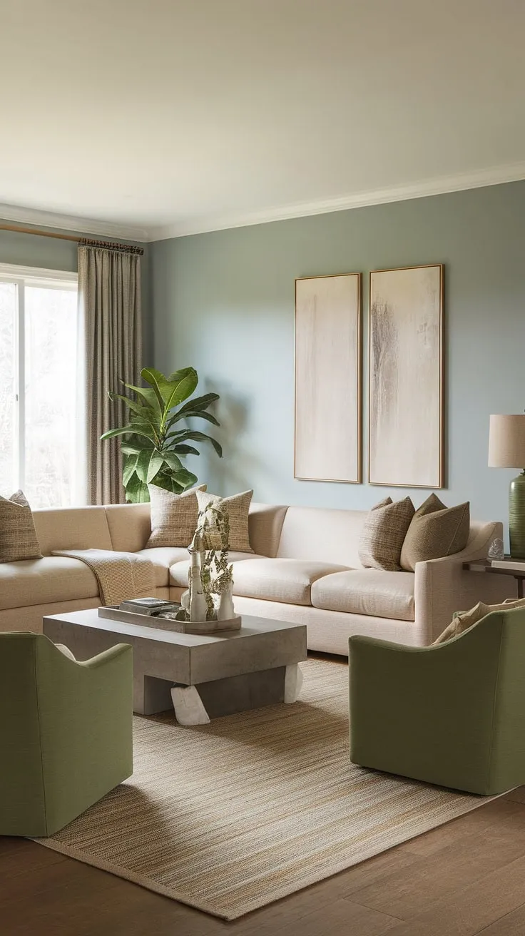 Relax and unwind in this tranquil transitional family room. The beige sectional sofa, complemented by green accent chairs and a calming blue wall, creates a space that's both stylish and comfortable. A neutral rug and subtle decor complete the effortlessly chic atmosphere.