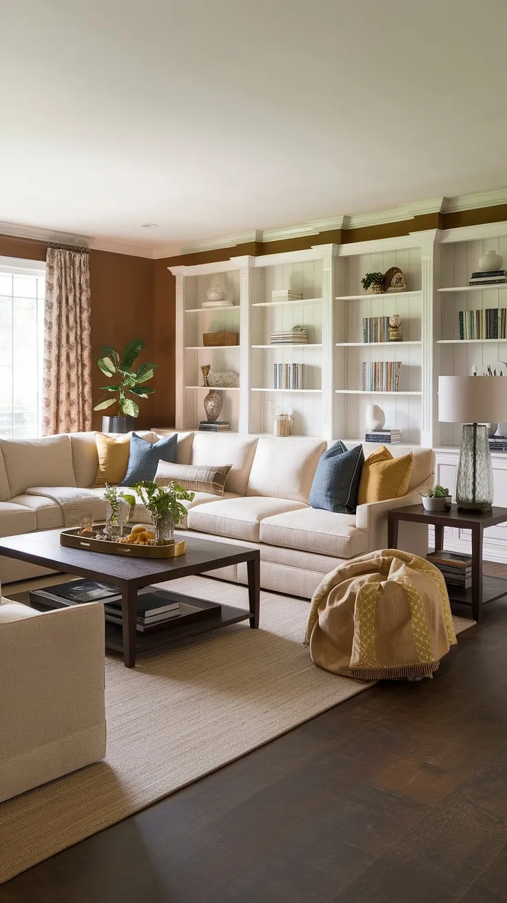 Cozy comfort redefined. This transitional family room, anchored by a beige sectional and warmed by earthy tones, offers the perfect blend of style and relaxation. The dark wood floors and strategically placed accents, like the blue and yellow pillows, create a space that's both inviting and sophisticated. A testament to thoughtful design and comfortable living.