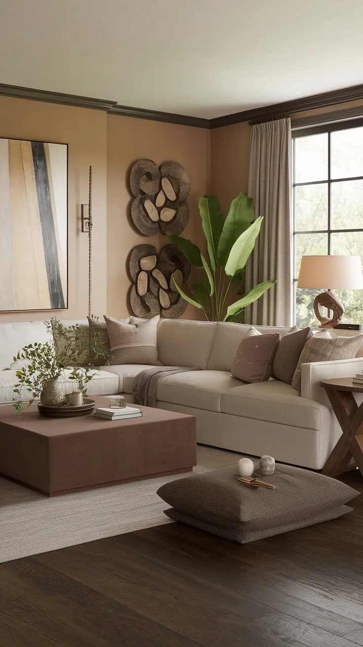 This transitional family room seamlessly blends comfort and style. The beige sectional sofa, a focal point of the room, invites you to sink in and relax. Earthy tones, complemented by the rich dark wood floors and pops of green, create a warm and inviting atmosphere. The thoughtful placement of art and a strategically placed lamp near the window add to the overall ambiance, making it the perfect space for family gatherings and quiet evenings.