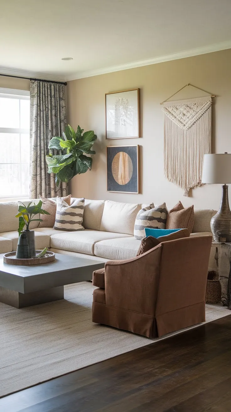 This transitional family room seamlessly blends comfort and style. The beige sectional sofa, gray coffee table, and brown accent chair create a neutral yet inviting palette, complemented by the rich dark wood flooring. A space designed for both relaxation and entertaining, showcasing the perfect balance of form and function.