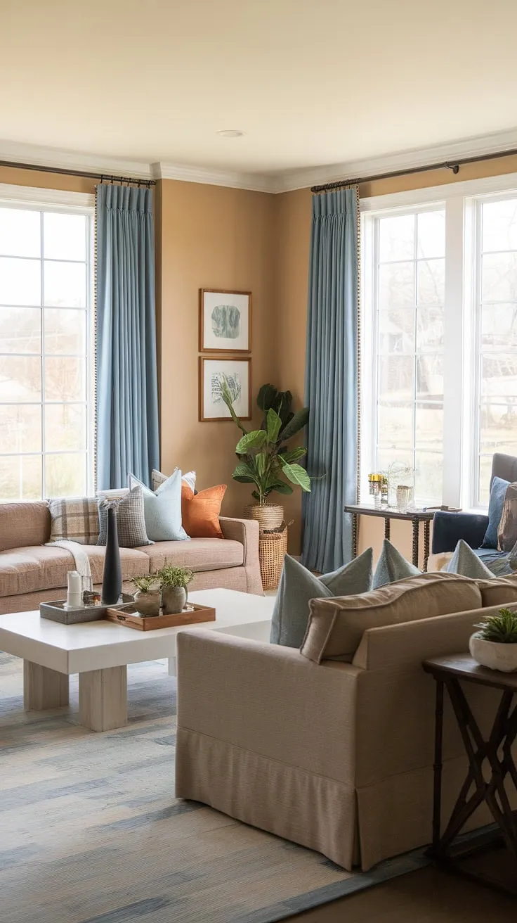 This transitional family room effortlessly blends style and functionality. The soft beige walls, complemented by the earthy palette of the furniture and the calming blue curtains, create a sophisticated yet relaxed ambiance. A haven of comfort and style, perfect for unwinding after a long day.