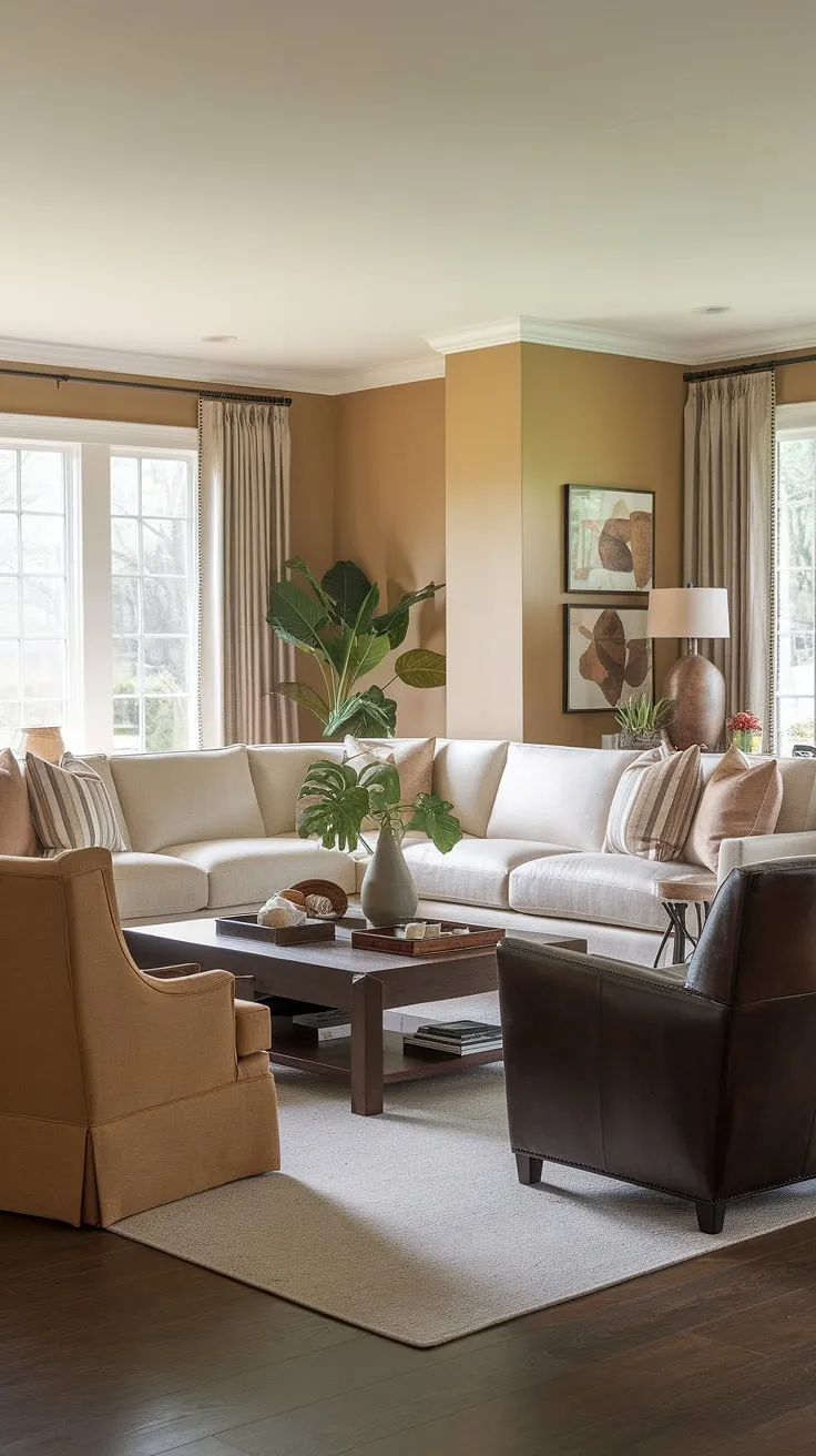 This inviting family room seamlessly blends comfort and style. The neutral color palette, anchored by the beige sectional sofa, creates a warm and welcoming atmosphere. The addition of the leather chair and carefully chosen accessories adds depth and personality, making it the perfect space for relaxation and connection.