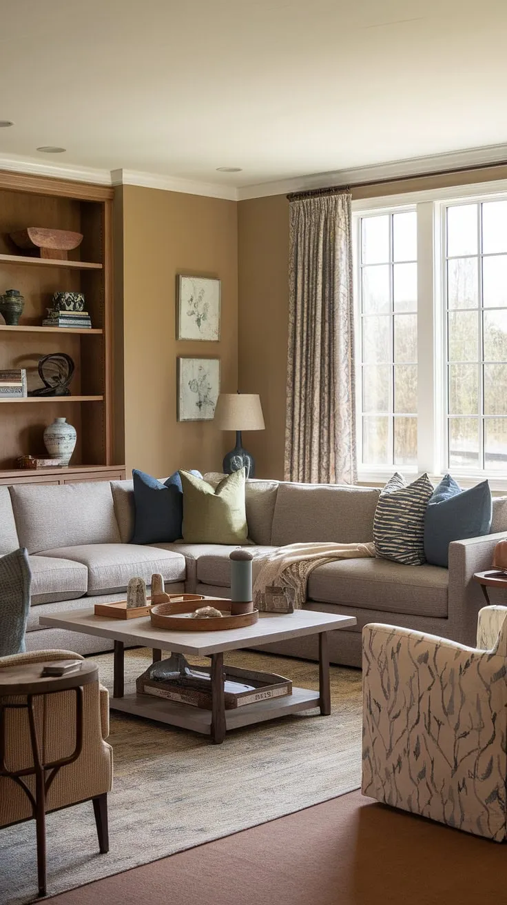 Relax and unwind in this transitional family room, where earthy tones and comfortable furniture create a haven of calm. The grey sectional sofa, perfectly positioned on a plush rug, invites you to sink in and enjoy the natural light streaming through the large window. A curated collection of books and decorative objects adds personality and warmth to the space.