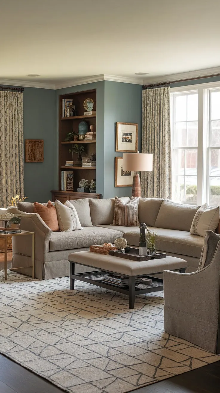 This transitional family room effortlessly blends warm and cool tones, creating a cozy and inviting atmosphere. The light blue walls complement the earthy palette of the sectional sofa and geometric rug, while the strategic placement of furniture near the window maximizes natural light. A perfect space for relaxation and connection.