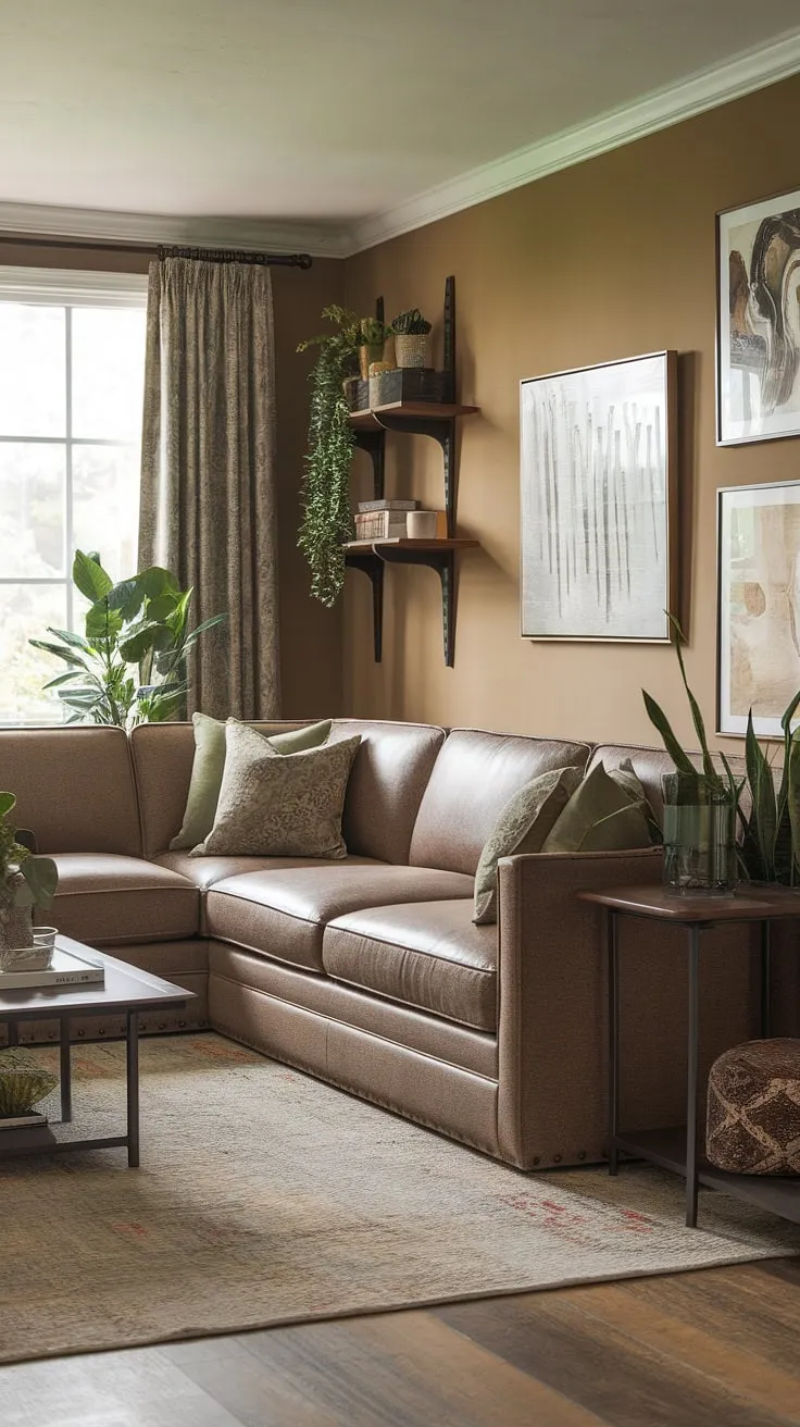 This transitional family room effortlessly blends comfort and style. The neutral palette, punctuated by pops of green, creates a serene atmosphere. The sectional sofa anchors the space, offering ample seating for family and friends to gather and unwind. Every detail, from the carefully chosen artwork to the lush potted plants, contributes to the room's inviting and harmonious ambiance.