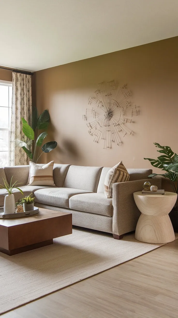 Relax and unwind in this transitional family room, where earthy tones and a comfortable gray sectional create the perfect atmosphere for cozy evenings and quality time. The thoughtful layout, featuring a blend of textures and pops of greenery, makes this space feel both inviting and stylish.