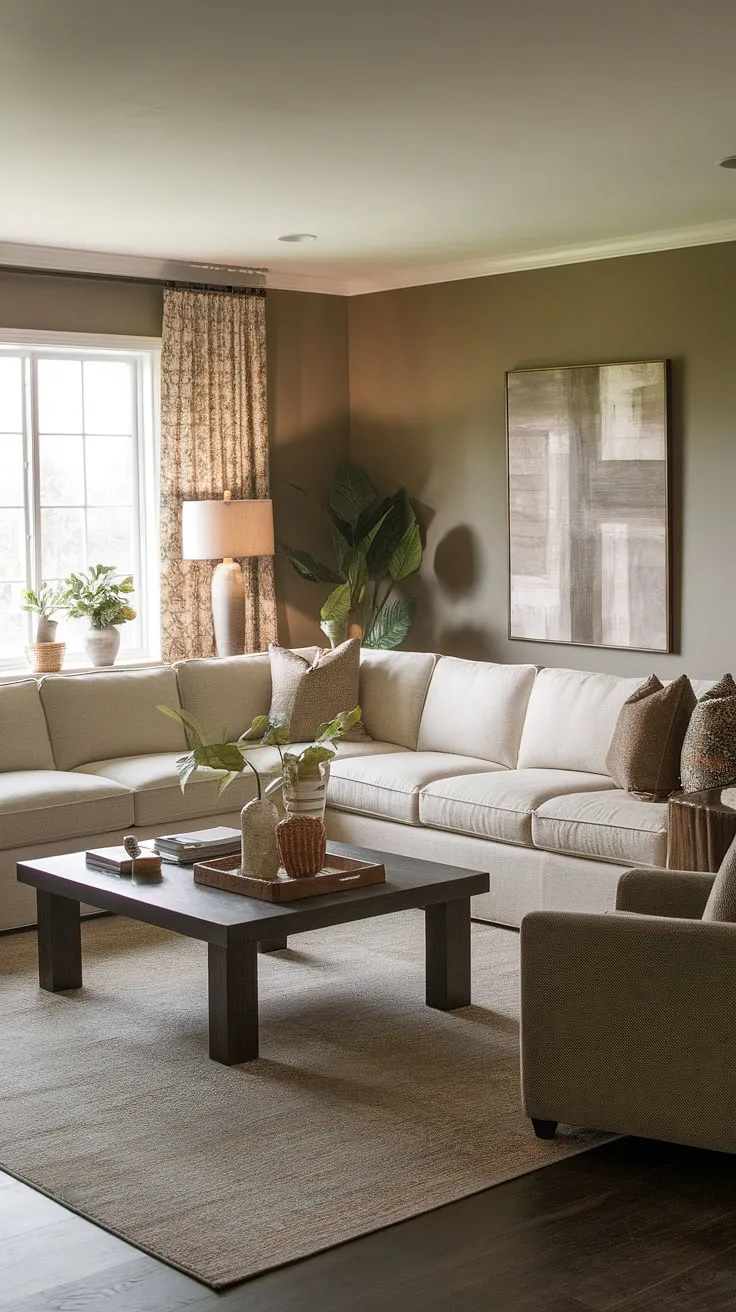 This transitional family room is the epitome of understated elegance. A neutral color palette, accented by natural textures and pops of greenery, creates a serene and inviting space. A perfect example of how to achieve a sophisticated yet comfortable living area.
