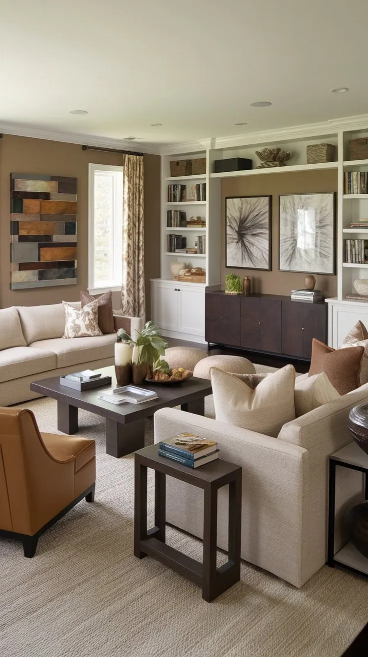 This transitional family room seamlessly blends comfort and elegance. The earthy tones and thoughtfully chosen furniture, from the inviting beige sectional to the warm tan accent chair, create a welcoming space for everyone. The strategic placement of the media console and bookshelf provides ample storage, while the artwork adds a touch of personal expression, making it the perfect gathering spot for family and friends.