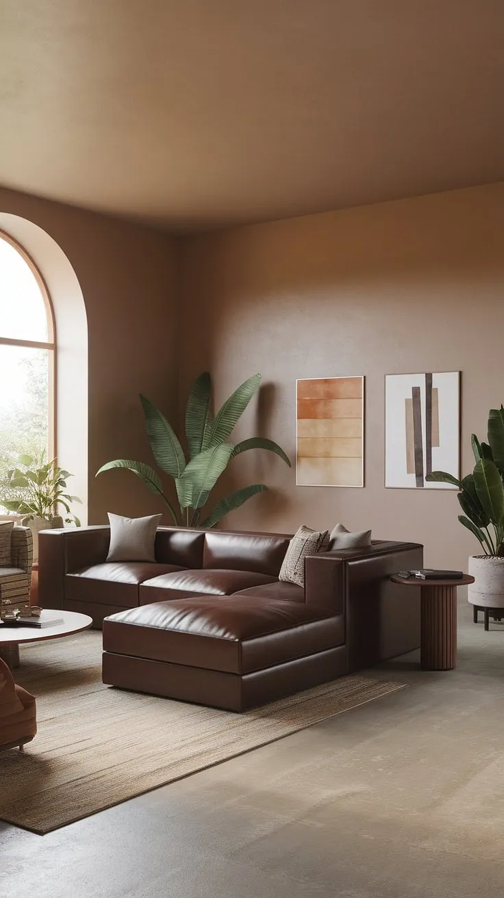 Relax and unwind in this beautifully designed family room. The comfortable sectional sofa, in a rich brown hue, provides ample seating for family and friends. The thoughtful mix of textures and earthy tones creates a calming atmosphere, perfect for spending quality time together. A testament to the power of thoughtful design.