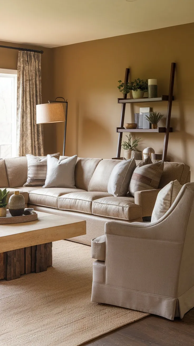 A calming sanctuary defined by its earthy palette and thoughtful design. The neutral tones of the sectional sofa, armchair, and area rug create a sense of understated elegance, while the wooden coffee table and ladder shelf add warmth and personality. A space designed for effortless living and cherished moments.