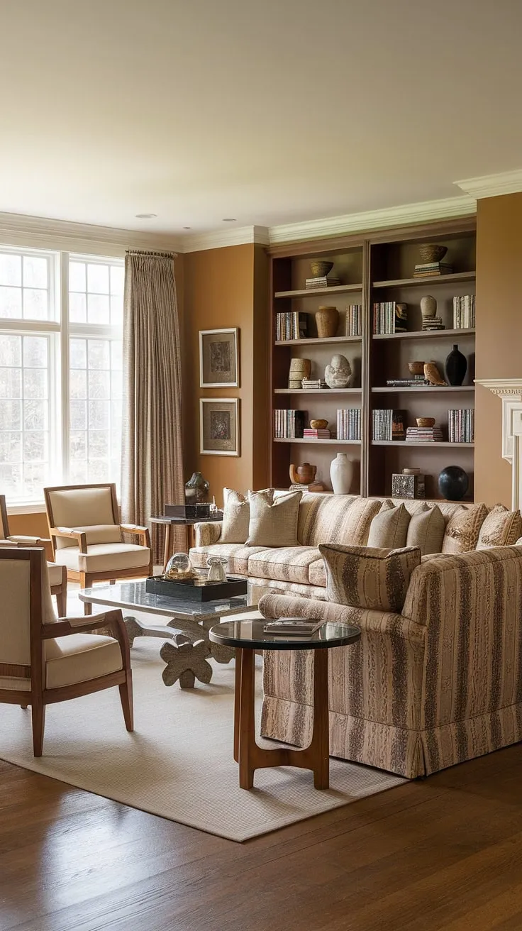 Find your cozy corner in this inviting family room. The earthy color palette and carefully selected furniture create a space that is both stylish and incredibly comfortable. The large sectional invites conversation and relaxation, while the natural light streaming through the window adds to the overall sense of calm and serenity.