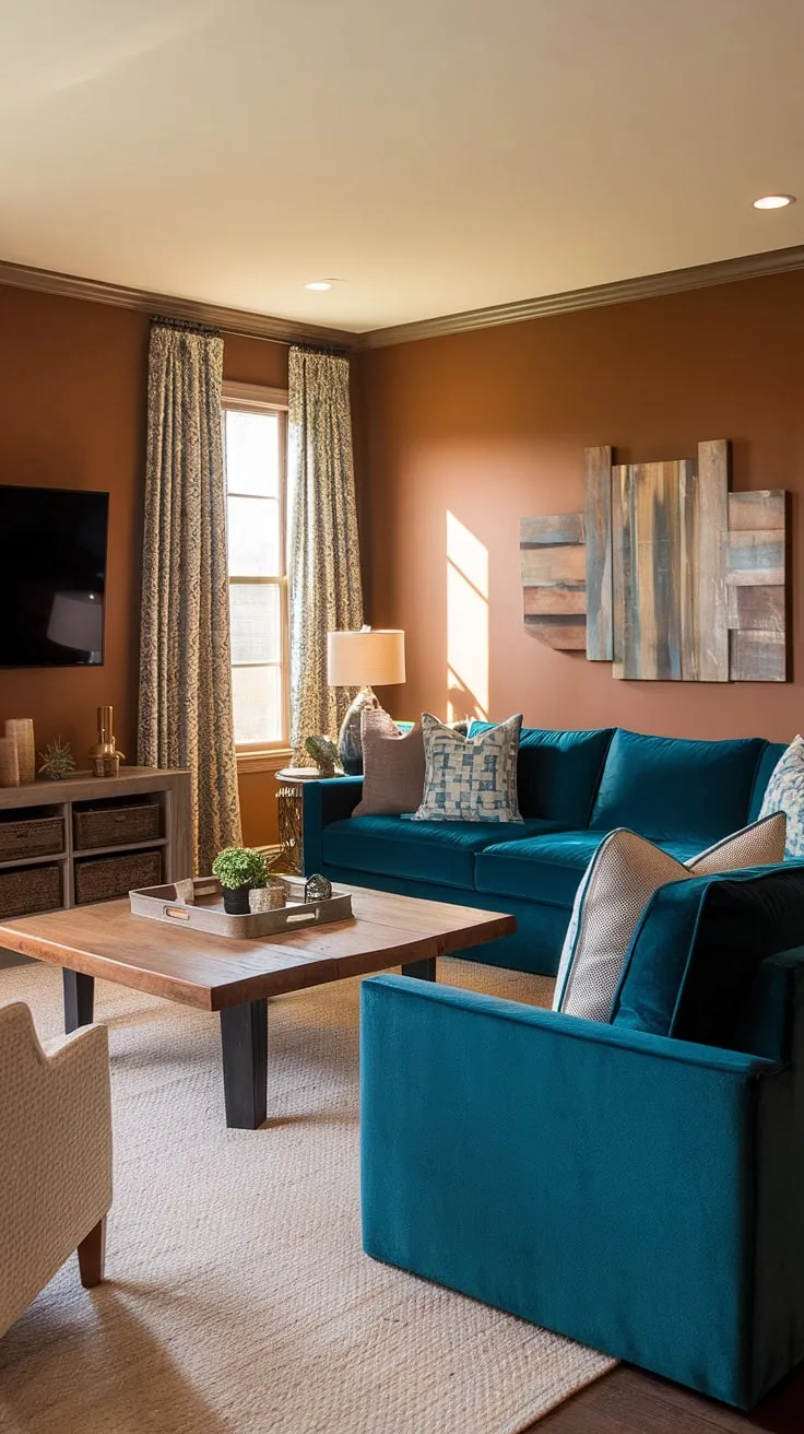 Sink into comfort in this beautifully designed family room. The rich teal sectional, paired with the warm brown walls and creamy rug, creates a sophisticated yet relaxed atmosphere, ideal for unwinding after a long day or hosting friends and family.