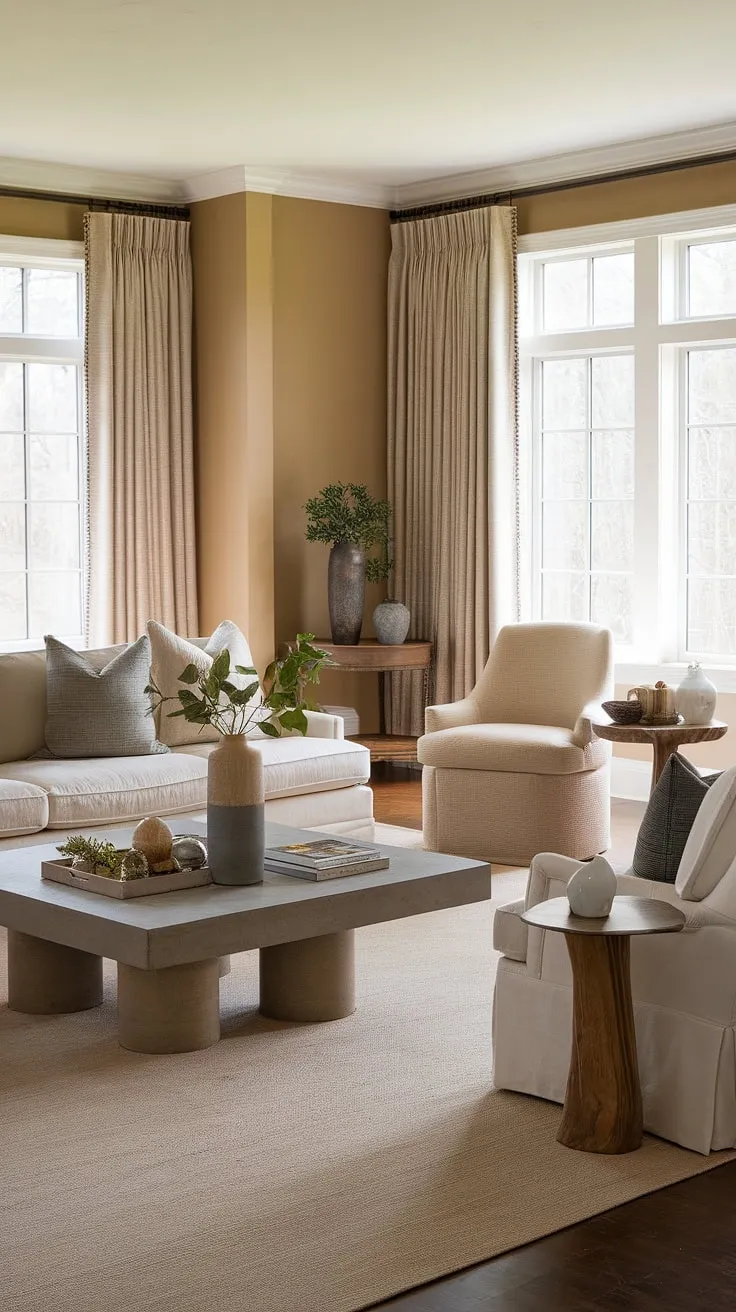 Relax and unwind in this tranquil transitional family room. The neutral palette, featuring a plush beige sectional and coordinating accents, creates a calming atmosphere perfect for connecting with loved ones. Natural light streams in, highlighting the thoughtful arrangement and inviting ambiance.
