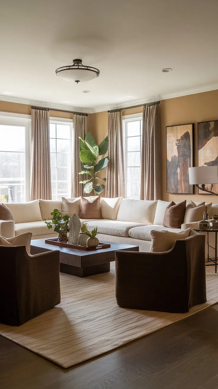 This transitional family room seamlessly blends comfort and style. The beige sectional sofa anchors the space, complemented by rich brown accents and pops of greenery. A thoughtfully curated collection of art and lighting fixtures elevates the ambiance, creating a sophisticated yet relaxed atmosphere perfect for everyday living.