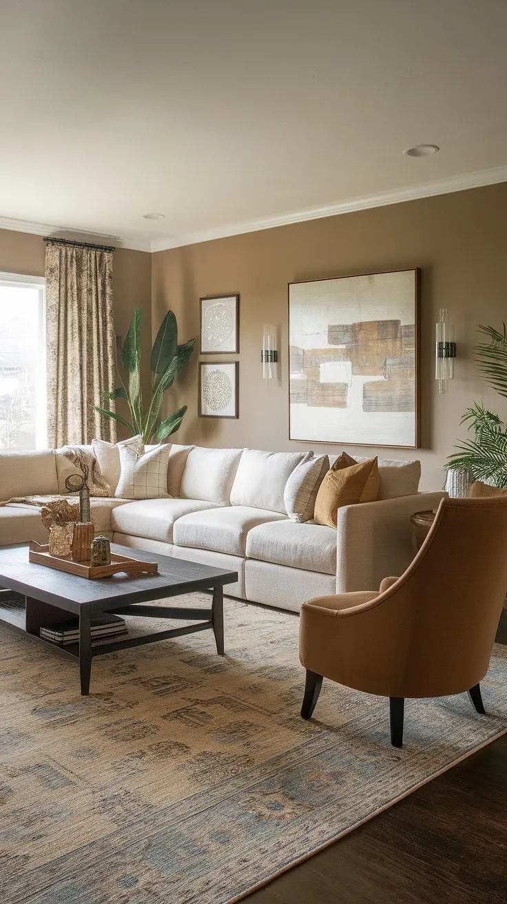 This transitional family room seamlessly blends comfort and style. The beige sectional sofa, complemented by a tan accent chair and dark wood coffee table, offers ample seating for the whole family. The earthy color palette and patterned rug create a calming and inviting ambiance, making it the heart of the home.