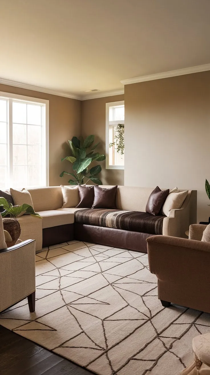 Warmth, comfort, and effortless style define this transitional family room. The earthy tones and textured fabrics create a haven of relaxation, perfect for gathering with loved ones. A space designed for connection and cherished moments.