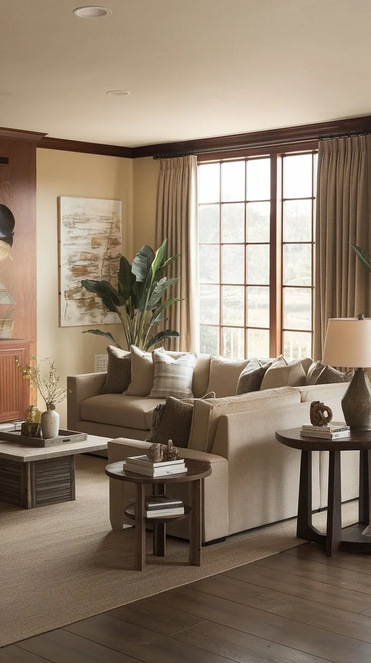 This transitional family room effortlessly blends comfort and style. The sectional sofa anchors the space, inviting relaxation and conversation, while the warm wood tones and olive green accents create a sophisticated yet approachable atmosphere. Natural light floods the room, enhancing the beauty of the carefully chosen details. A haven of calm and connection.