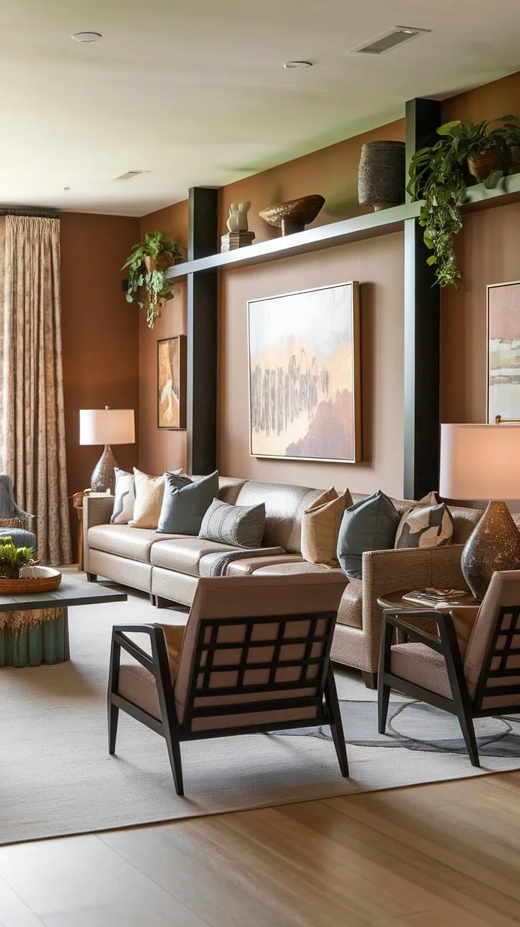 Warmth and comfort define this transitional family room, where earthy tones and thoughtful design create a haven for relaxation and connection. The carefully curated artwork and pops of greenery add personality to the space, while the sectional sofa provides ample seating for family and friends. A perfect blend of style and functionality.