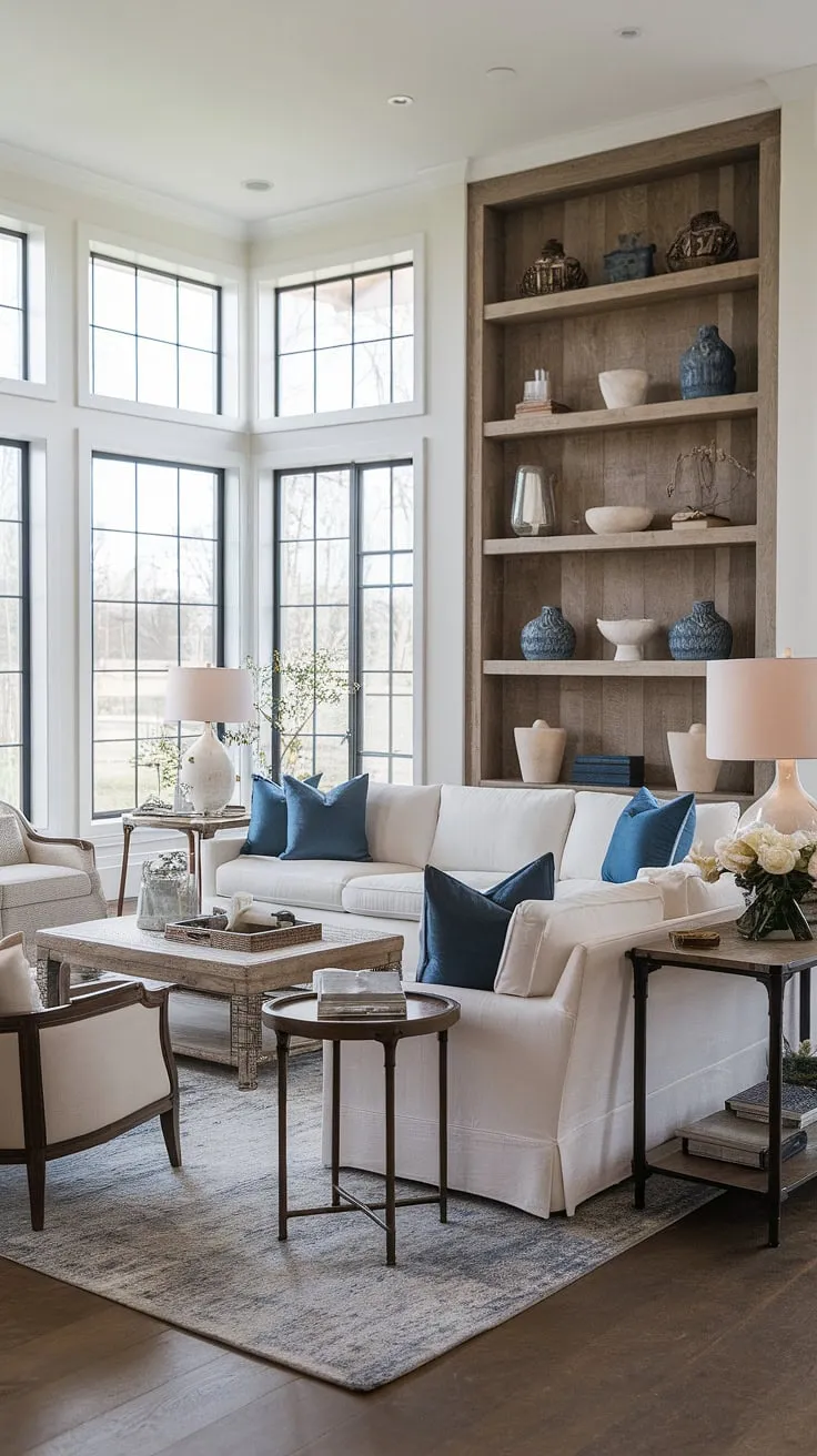 This high-end living room seamlessly blends modern farmhouse style with transitional elements. The spacious layout, highlighted by abundant natural light, showcases a sophisticated palette and carefully chosen furniture. The large, inviting sofa and comfortable seating arrangement create a welcoming atmosphere, perfect for both quiet evenings and lively gatherings.