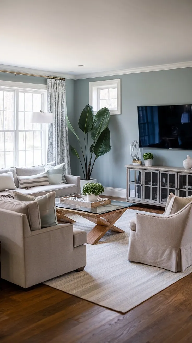 Where modern meets farmhouse charm. This transitional living room effortlessly blends high-end design with rustic warmth, creating a space that's both sophisticated and inviting. The plush sectional, statement coffee table, and calming blue walls contribute to an atmosphere of relaxed luxury. A perfect blend of comfort and style.