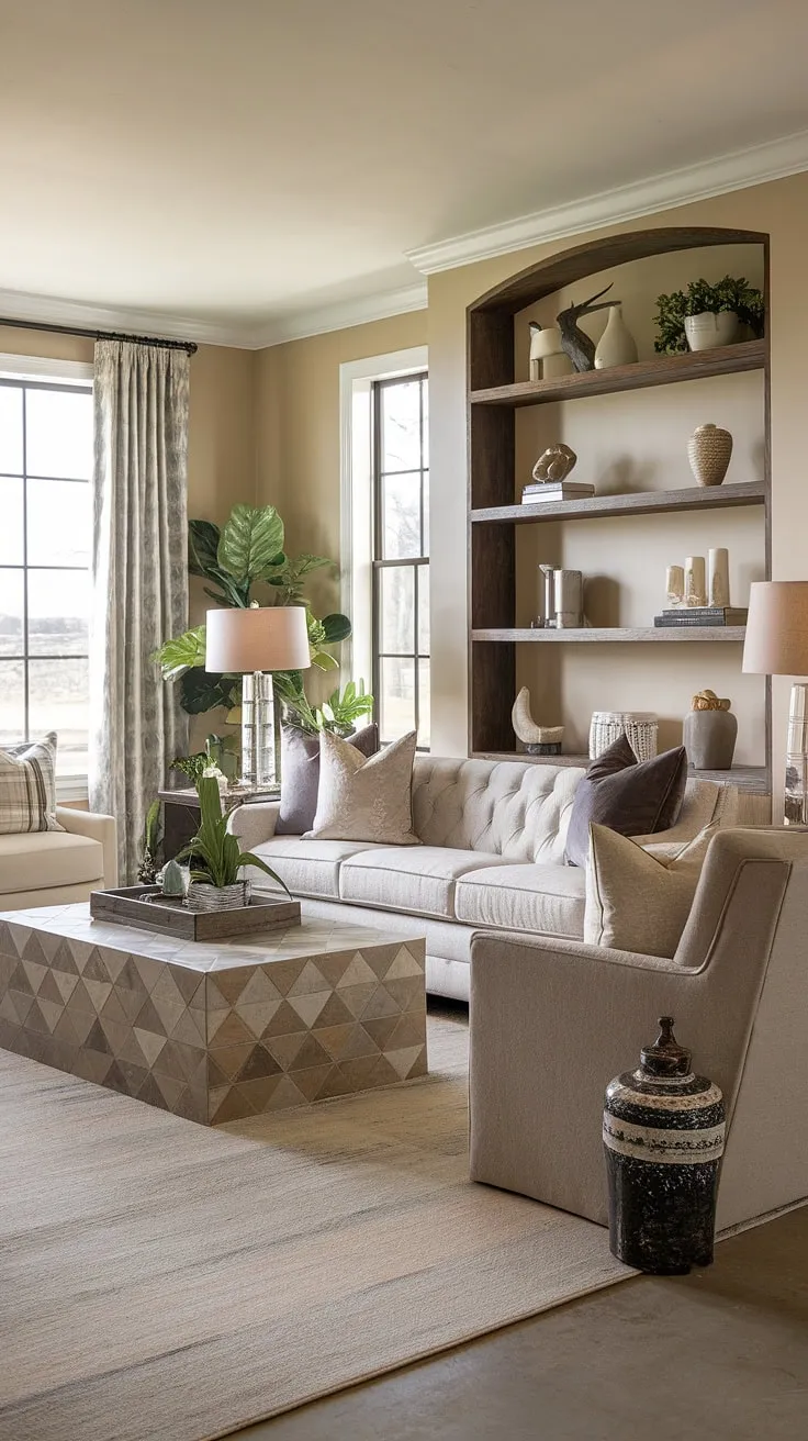 Where modern meets farmhouse charm. This transitional living room effortlessly blends high-end design with cozy comfort, creating a space that's both sophisticated and inviting. The plush sofa, geometric coffee table, and carefully curated accessories contribute to the luxurious feel, while the neutral palette and natural textures maintain a warm, welcoming atmosphere. A perfect example of elevated farmhouse living.