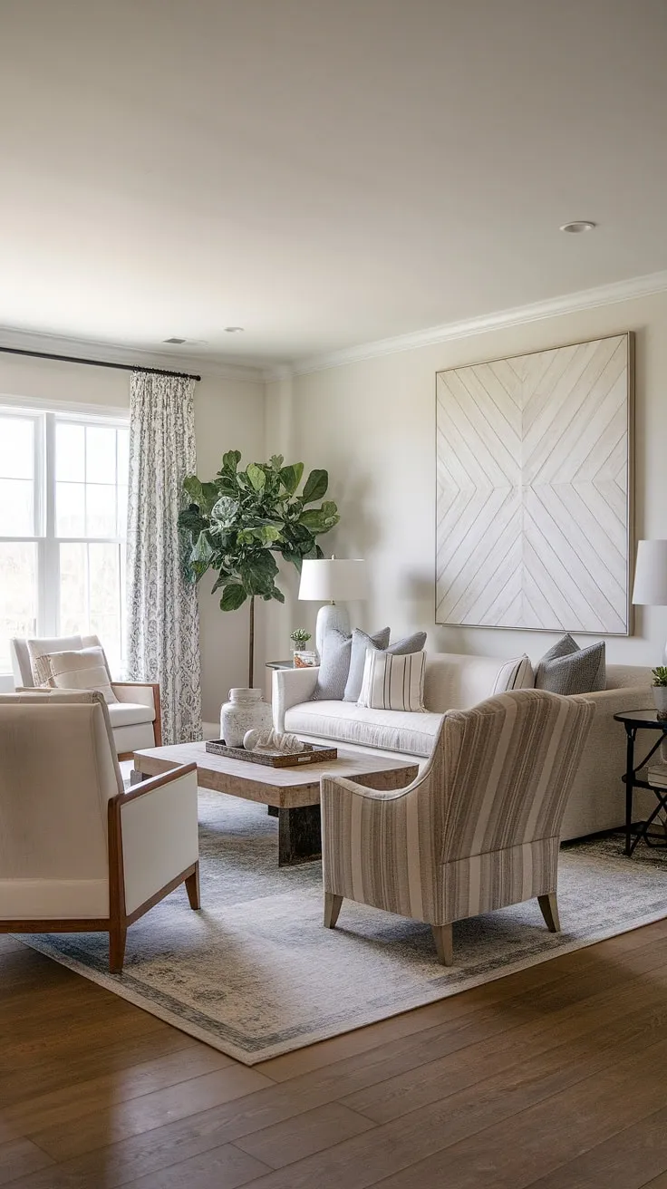This transitional farmhouse living room effortlessly blends rustic charm with clean lines. The comfortable seating arrangement, accented by a statement piece of art and lush greenery, invites relaxation and conversation. A space where modern meets farmhouse in perfect harmony.