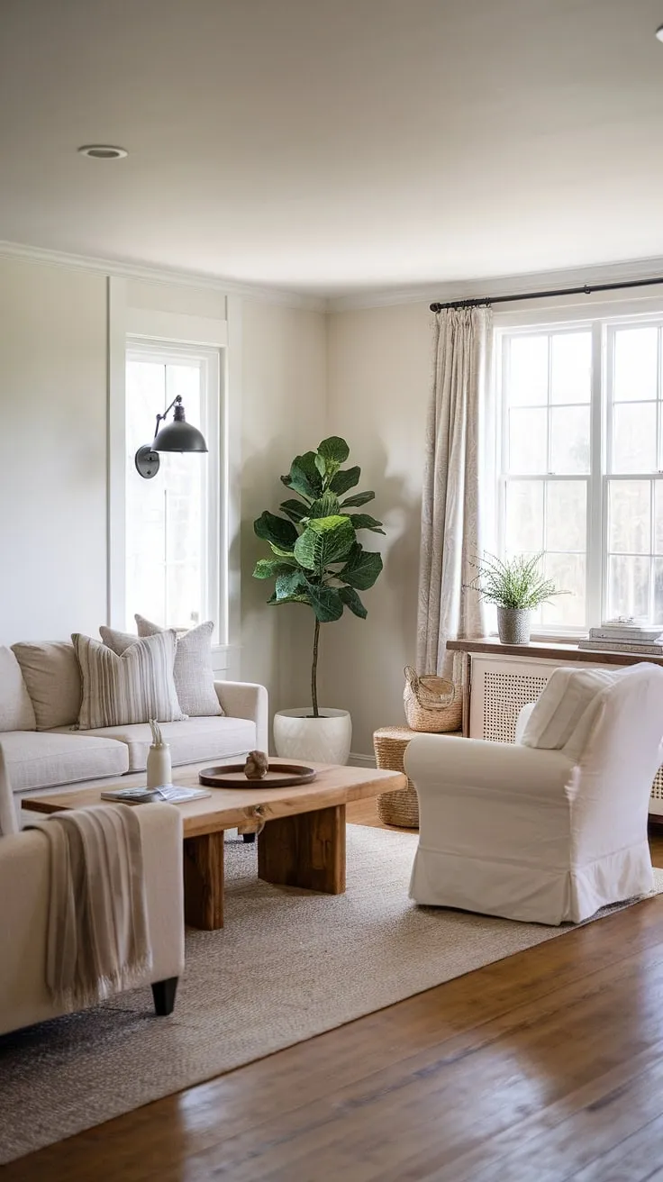 This transitional farmhouse living room effortlessly blends rustic warmth with clean lines. The beige sofa and white accent chair offer a relaxed seating area, while the wooden coffee table and wall-mounted lamp add functional style. A touch of nature completes the scene.