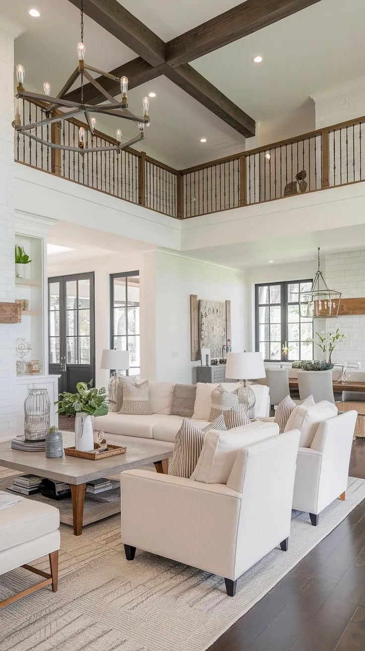 A luxurious escape defined by thoughtful design. This modern farmhouse living room showcases the best of both worlds: the clean lines of contemporary style and the cozy appeal of farmhouse aesthetics. The carefully curated furniture and high-end details create a truly exceptional space.