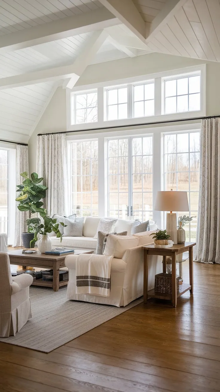 Sunlight streams into this luxurious farmhouse living room, illuminating the carefully curated blend of modern and farmhouse elements. The result? A space that's effortlessly elegant and incredibly comfortable, perfect for creating lasting family memories.