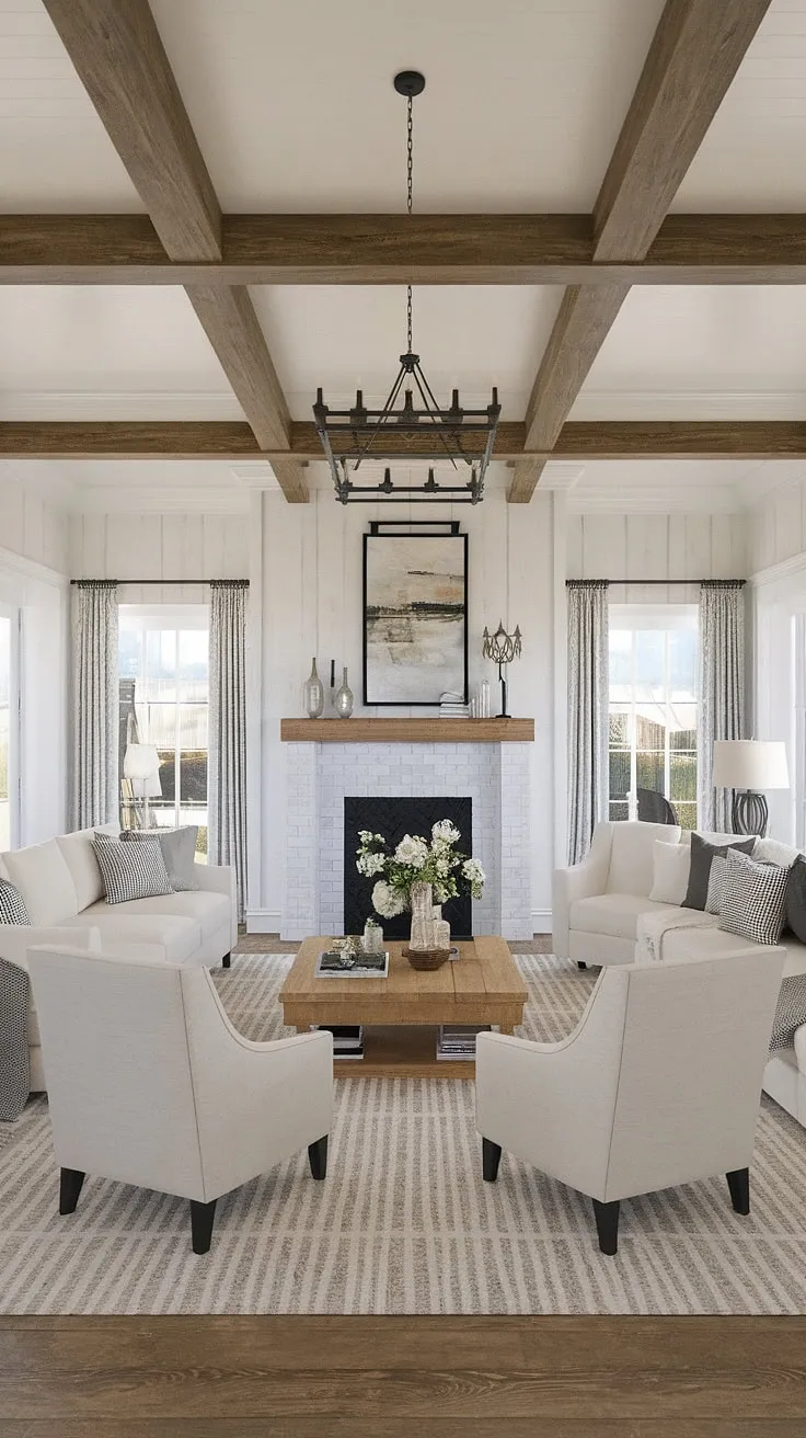 A picture-perfect blend of rustic and modern, this luxury farmhouse living room showcases the best of both worlds. The comfortable furniture and thoughtful design create a welcoming atmosphere, while the high-end finishes add a touch of sophistication. A truly inspiring space where comfort and style meet.