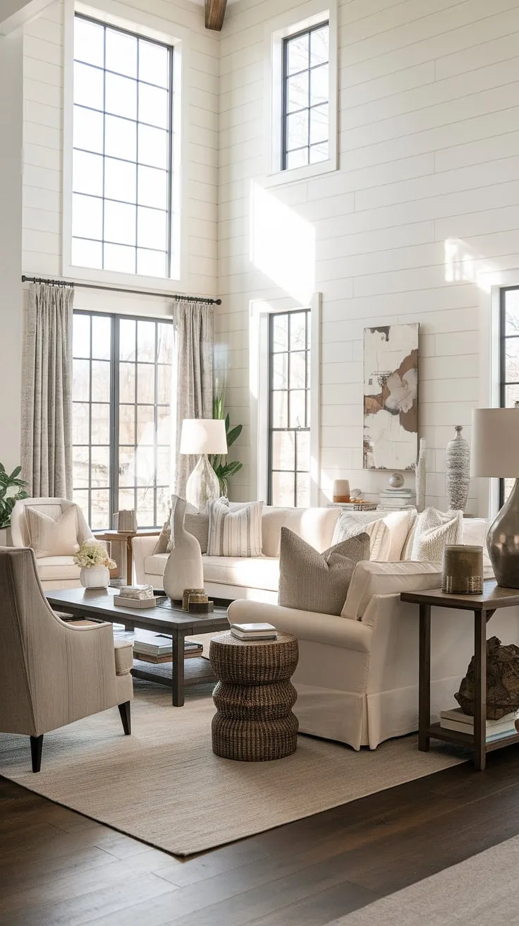 This stunning living room seamlessly blends modern farmhouse aesthetics with transitional design elements. The spacious layout, highlighted by natural light and shiplap walls, showcases the beauty of high-end farmhouse furniture and creates a truly comfortable and sophisticated atmosphere. A dream space for relaxation and entertaining.