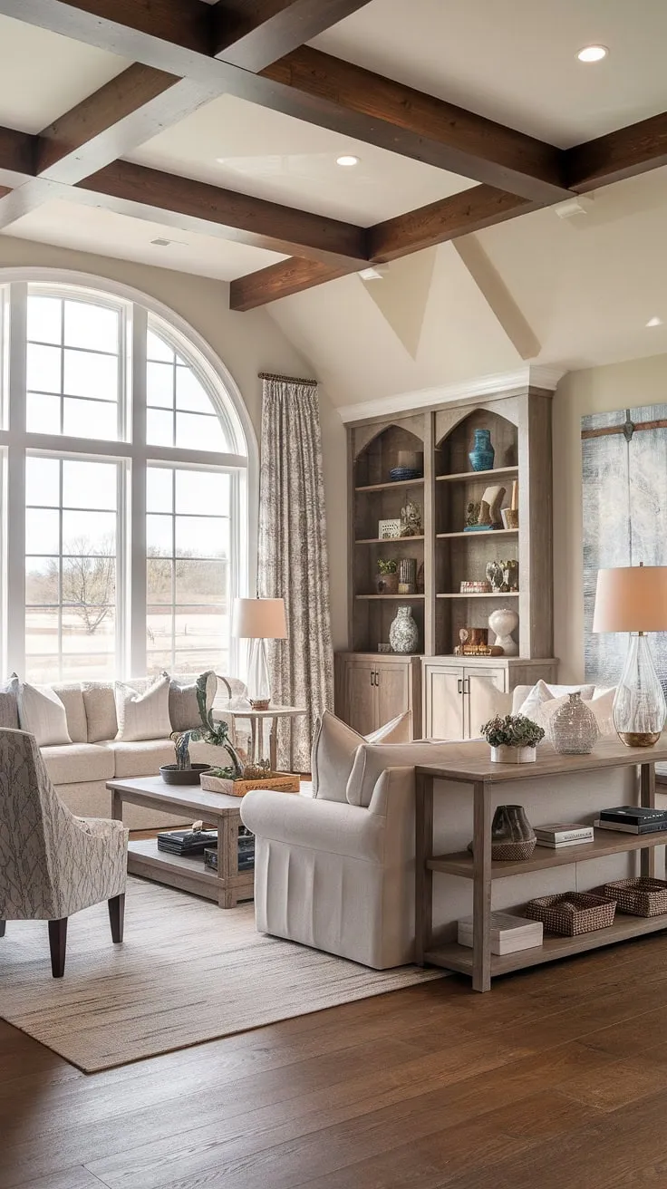 Sunlight streams through the large window, illuminating the warmth of this luxurious farmhouse living room. A testament to refined living, the space effortlessly combines rustic wooden beams with sleek modern furniture, creating a truly inviting atmosphere. A sanctuary for relaxation and refined taste.