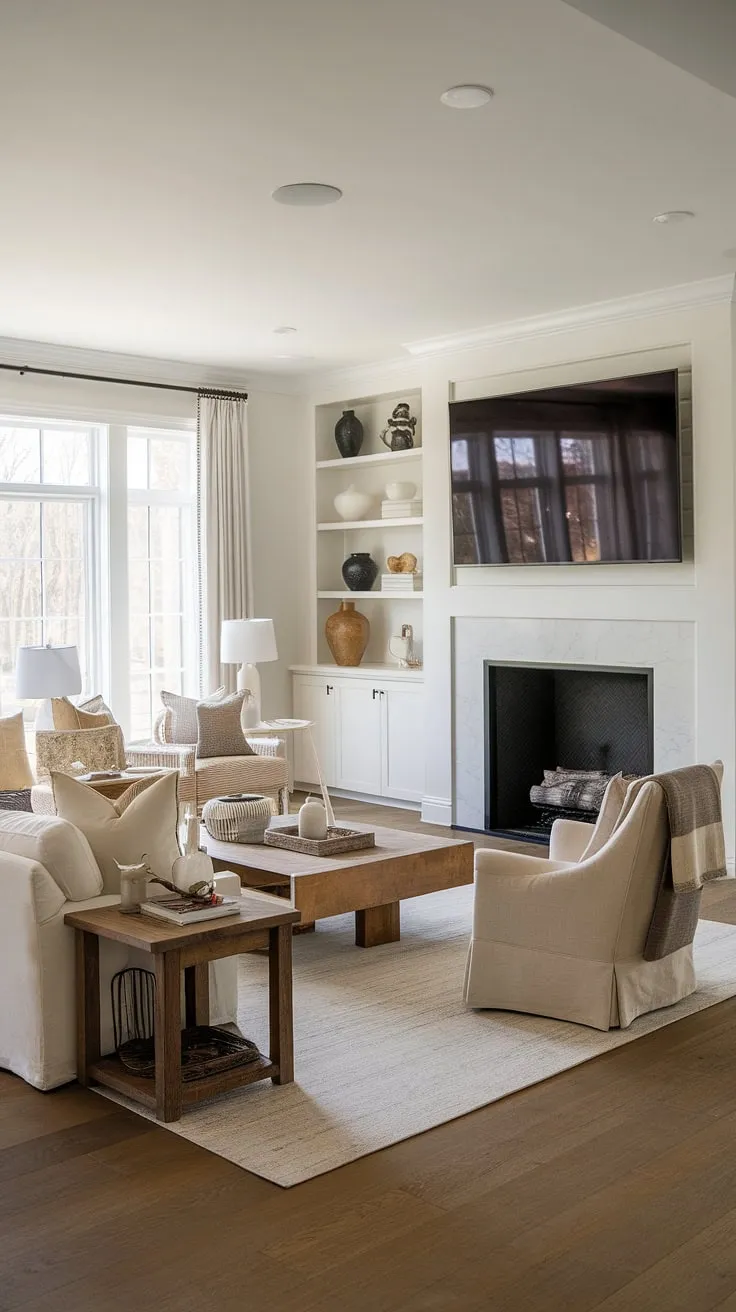 Modern farmhouse living at its finest. The neutral palette, rich textures, and thoughtful details create a space that's both sophisticated and inviting. A perfect blend of comfort and style. A sanctuary where relaxation meets refined design.