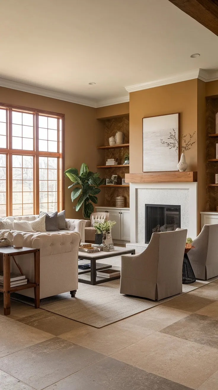 Warm beige walls and a white fireplace create a serene backdrop for this transitional farmhouse living room, where plush comfort meets high-end style. The large window floods the space with natural light, highlighting the carefully curated details and the inviting atmosphere. A perfect blend of rustic charm and modern elegance.