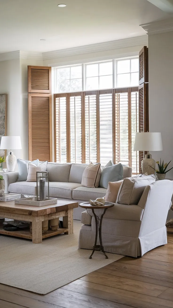 Indulge in the effortless elegance of this transitional farmhouse living room. The light grey sofa and chair, paired with the rustic wooden coffee table and wide plank wood floors, create a luxurious and inviting atmosphere. A perfect blend of modern and farmhouse charm, this space is designed for relaxation and sophisticated living.