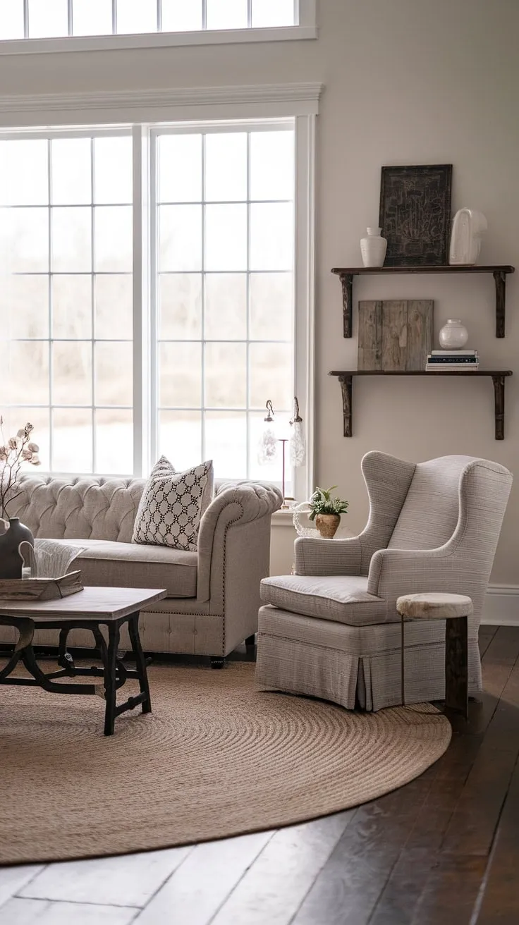 Sunlight streams through the large window, illuminating the cozy textures and inviting atmosphere of this transitional farmhouse living room. The plush sofa, complemented by comfortable armchairs and a patterned throw pillow, creates a space perfect for relaxation and conversation, anchored by a beautiful round rug. A thoughtfully curated wall shelf adds a touch of personality.
