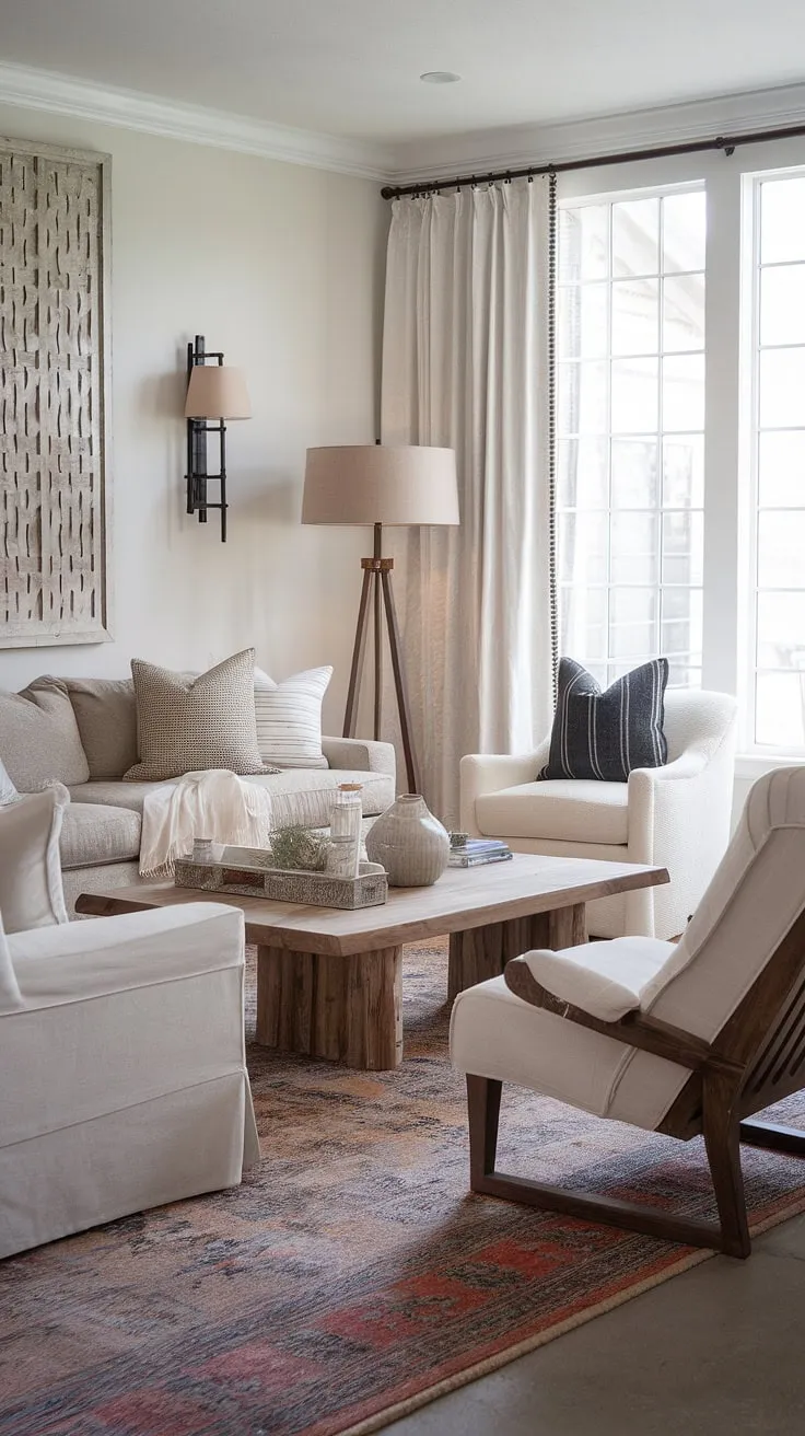 Warmth and comfort define this transitional farmhouse living room. The neutral palette, accented by the rich textures of the rug and the wooden coffee table, creates a space that's both inviting and stylish. A perfect blend of rustic charm and modern elegance, it's a room designed for relaxation and connection.