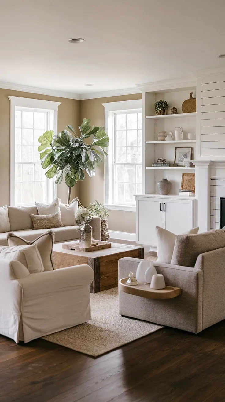 Warmth and modern style blend seamlessly in this transitional farmhouse living room. The neutral palette, accented by the rich wood floors and lush greenery, creates a space that's both inviting and sophisticated. A perfect example of how to achieve a balanced and calming atmosphere.