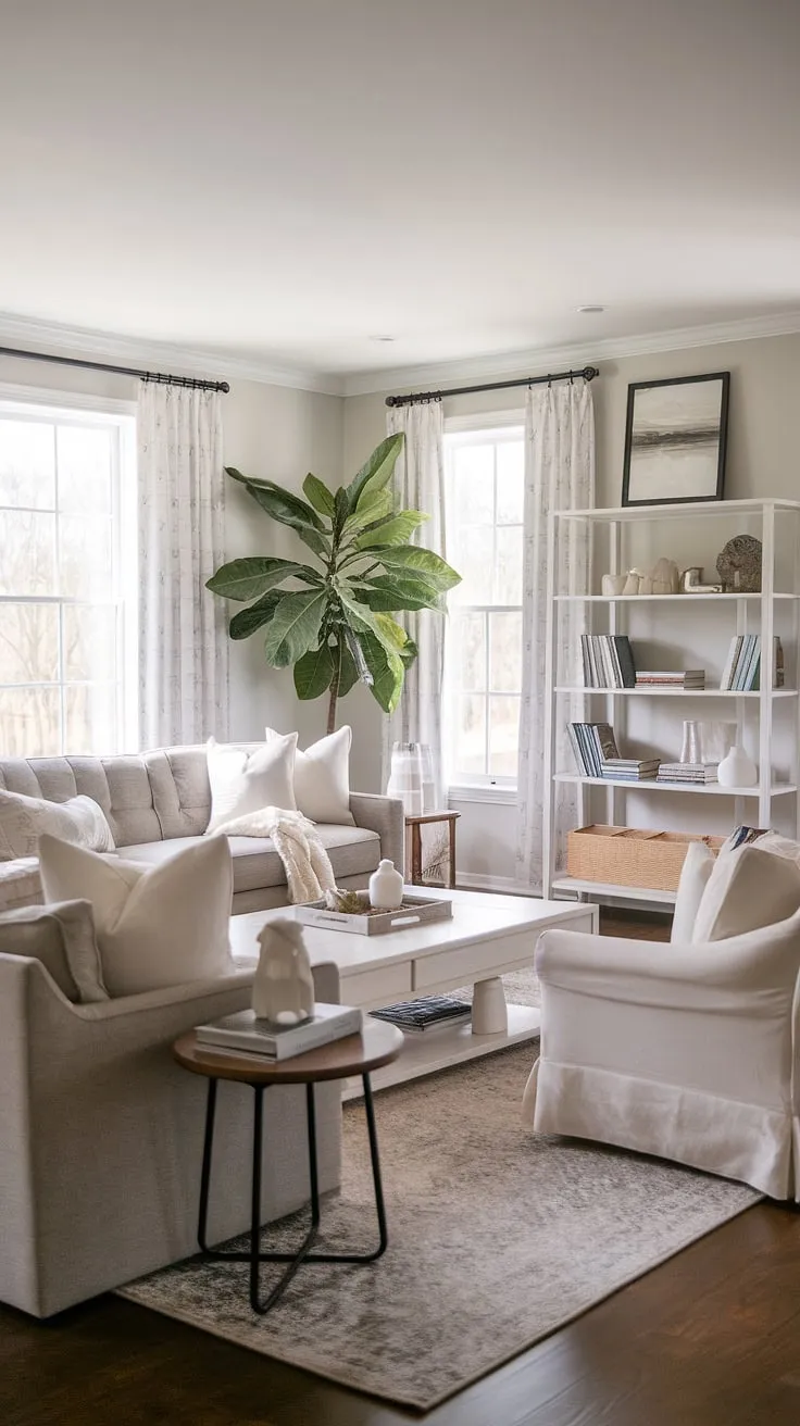 Cozy comfort meets modern farmhouse style in this tranquil living room. The neutral palette, plush gray sofa, and pops of greenery create a serene atmosphere perfect for relaxation and entertaining. A thoughtfully curated bookshelf adds personality and warmth to the space.