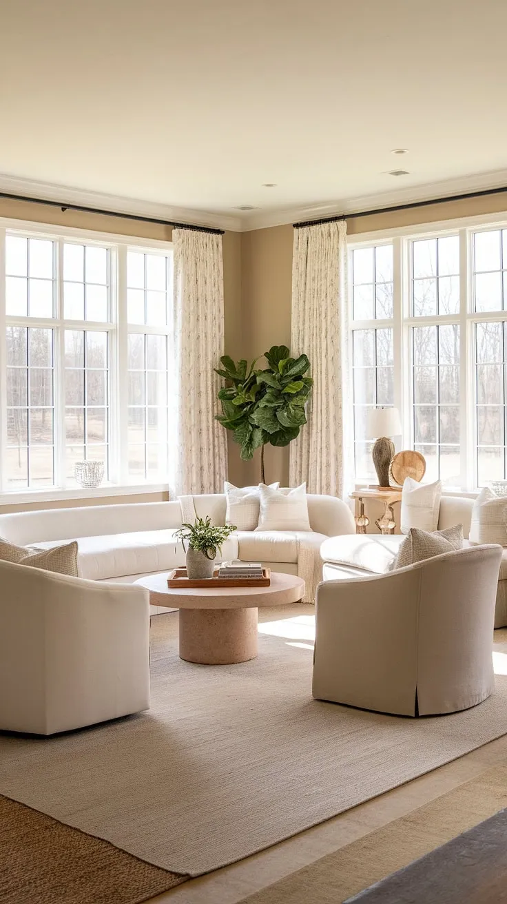 Sunlight streams through the large windows of this transitional farmhouse living room, illuminating the crisp white sofa and creating a serene atmosphere. The carefully curated décor, including a potted plant and wooden tray, adds warmth and personality to the space. A perfect blend of modern farmhouse style and comfortable living.