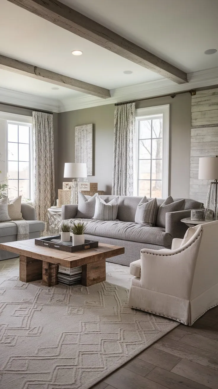Indulge in the effortless elegance of this transitional farmhouse living room. The plush gray sofa, paired with a rustic wooden coffee table and geometric rug, creates a space that's both inviting and sophisticated. A perfect blend of modern comfort and rustic charm.