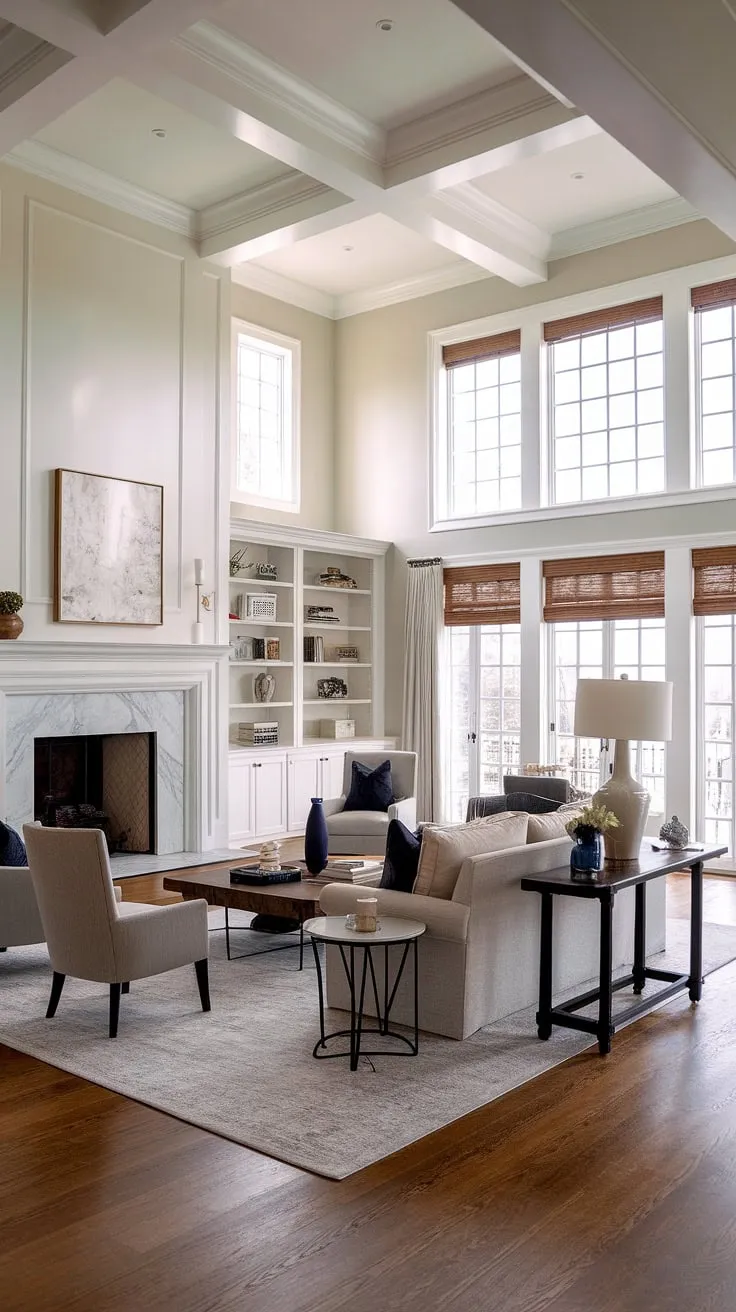 Where modern elegance meets rustic charm. This transitional farmhouse living room, with its soaring ceilings and stunning marble fireplace, offers a haven of comfort and style. The built-in bookshelves add a touch of sophistication, while the plush seating and warm hardwood floors create an inviting atmosphere. A perfect blend of textures and tones, this space is a testament to refined living.
