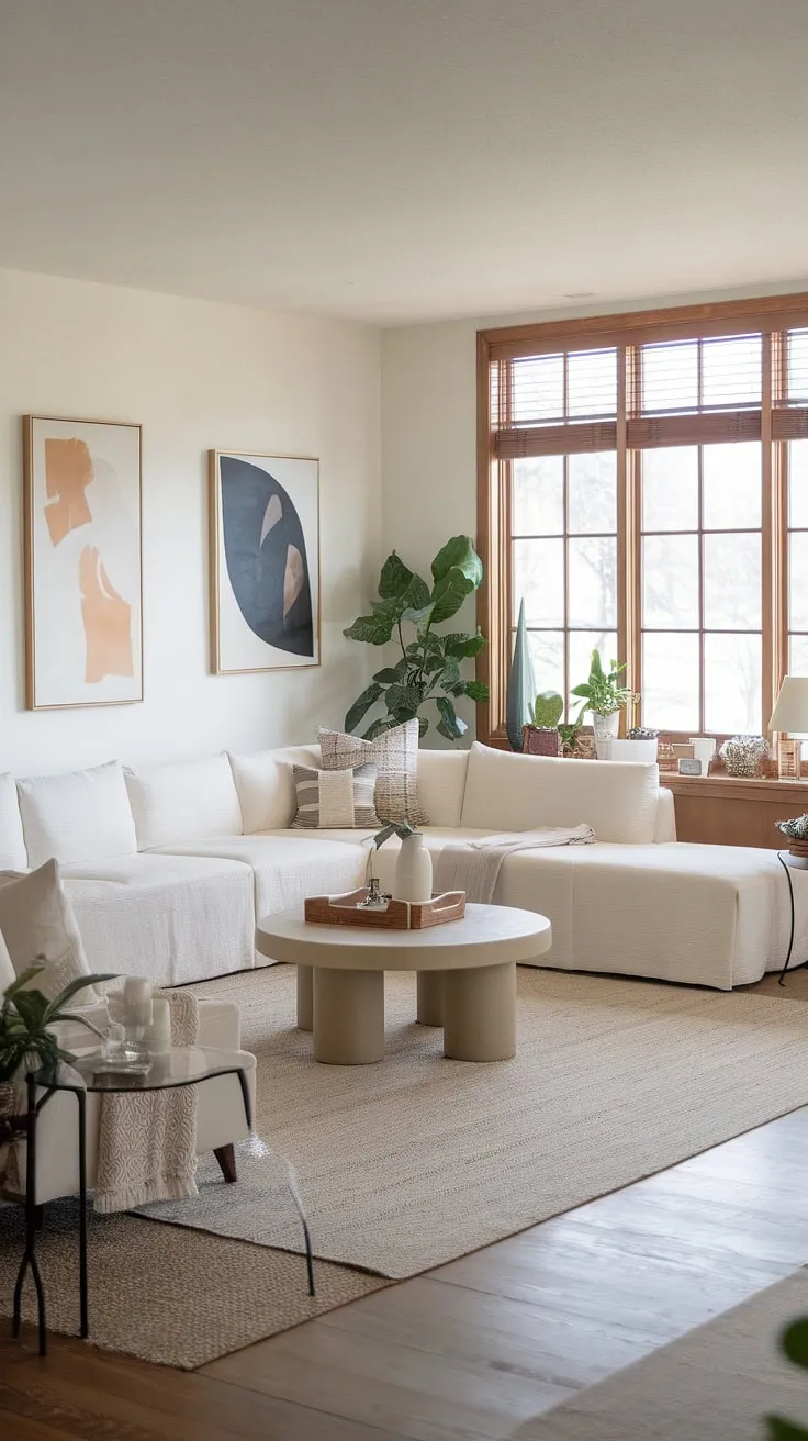 Sunlight streams through the wooden blinds, illuminating this serene transitional farmhouse living room. The spacious white sectional invites relaxation, while the carefully chosen accessories-from the modern art to the lush plants-add personality and warmth. A testament to the beauty of blending styles for a truly unique and inviting atmosphere.