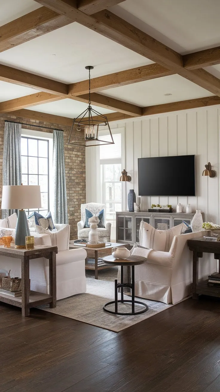 This luxurious farmhouse living room effortlessly blends rustic textures with contemporary design. The rich wood floors, exposed beams, and brick accent wall create a stunning backdrop for the comfortable seating and stylish décor. A perfect example of high-end farmhouse living.