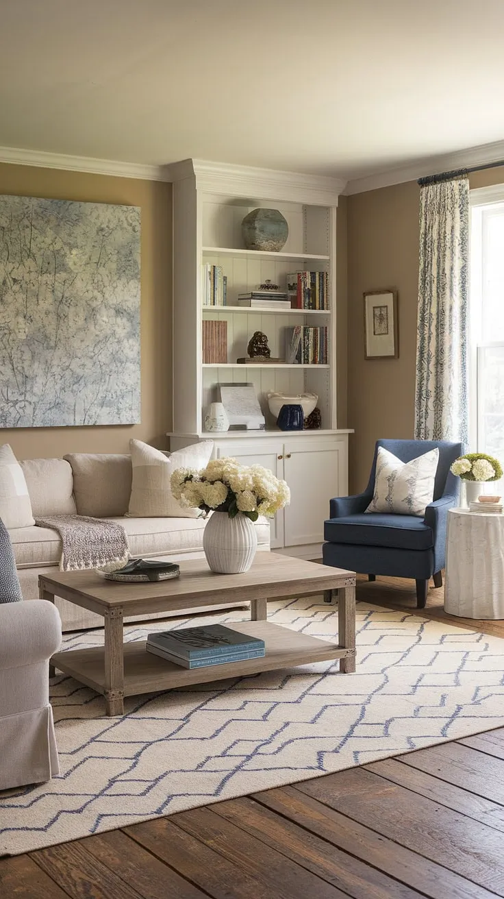 Warmth and comfort define this transitional farmhouse living room. The creamy beige walls, rustic wood floors, and carefully chosen furnishings create a space that's both inviting and stylish. A large floral painting adds a touch of artistry, while the blue accent chair provides a pop of color against the neutral palette. The overall effect is one of relaxed elegance, a perfect blend of rustic charm and modern sophistication.