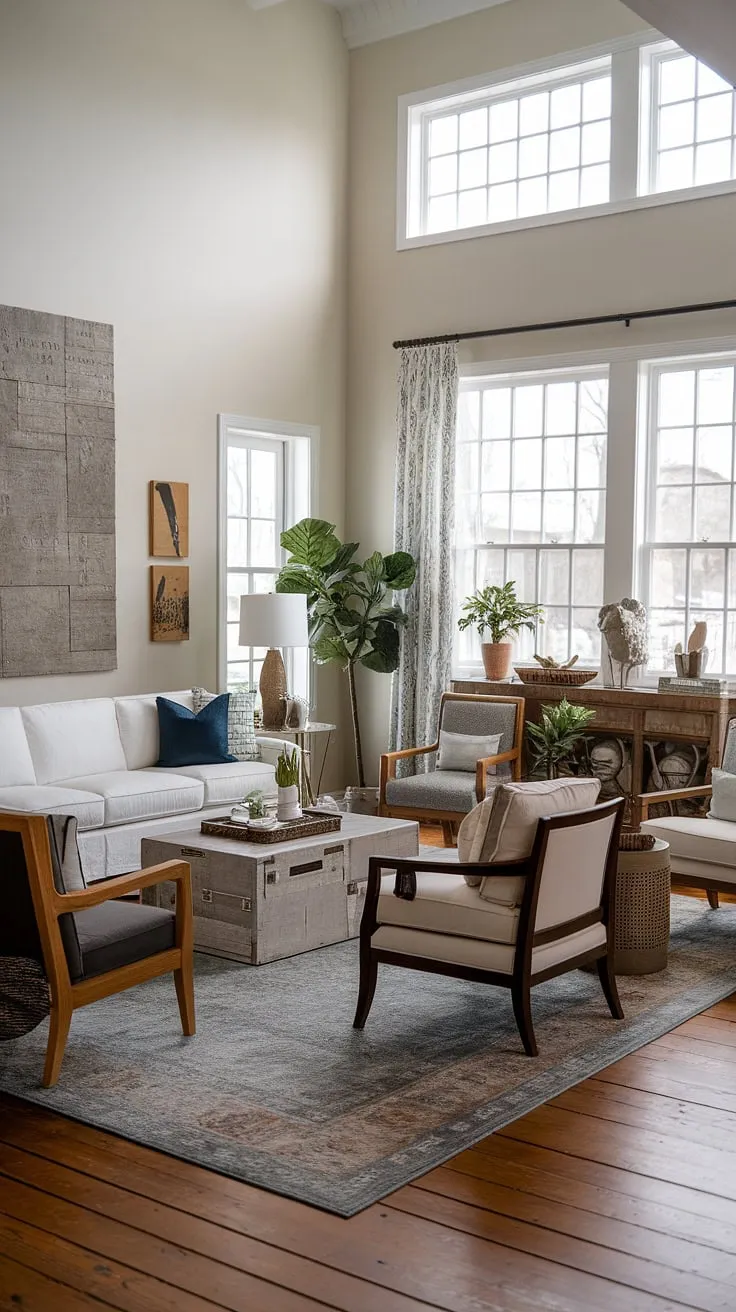 Sunlight streams into this serene transitional farmhouse living room, illuminating the calming palette and inviting atmosphere. The carefully chosen furniture and accessories create a space that's both functional and aesthetically pleasing, showcasing a sophisticated yet relaxed style. A haven of tranquility where comfort and style seamlessly coexist.
