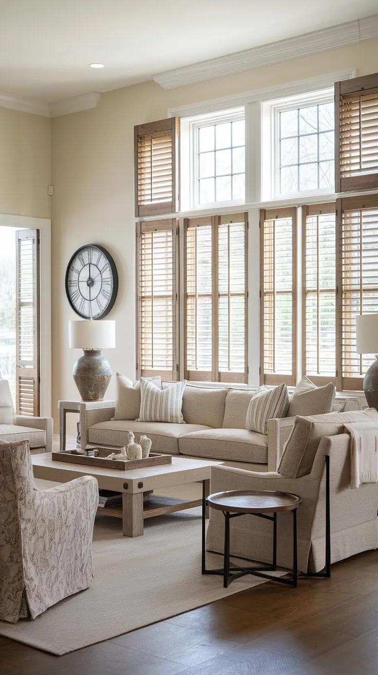 Indulge in the serene elegance of this transitional farmhouse living room. The soft beige palette, complemented by rich wood tones and carefully curated accents, creates a haven of sophisticated comfort. A perfect blend of modern and rustic, this space effortlessly embodies luxurious farmhouse living.