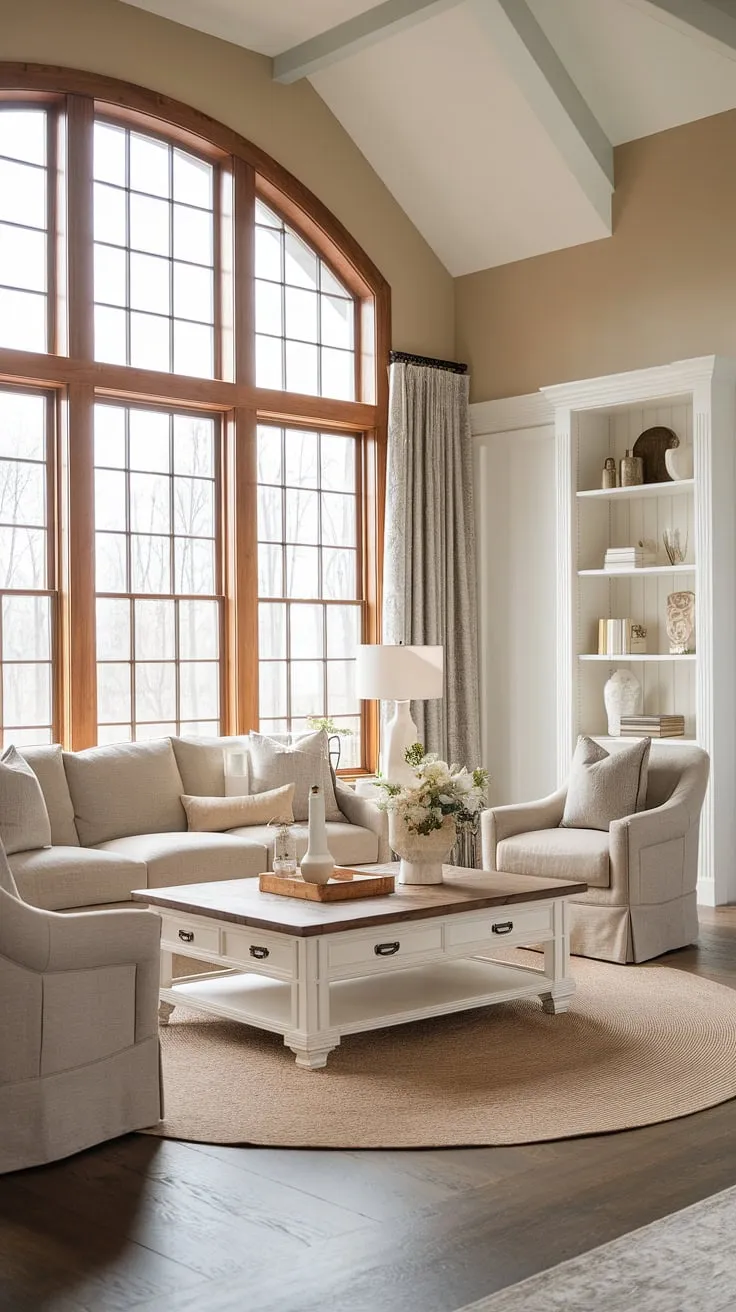 This high-end living room seamlessly blends modern farmhouse style with transitional elements. The neutral palette, punctuated by natural light and carefully curated accessories, results in a space that is both restful and refined. A testament to understated luxury.